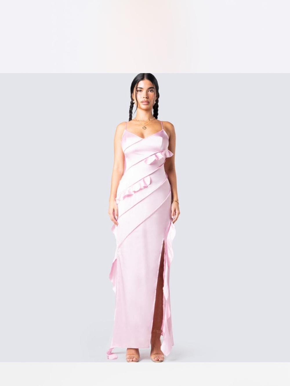 Finesse Pink Ruffle-Trim Satin Maxi Slip Dress